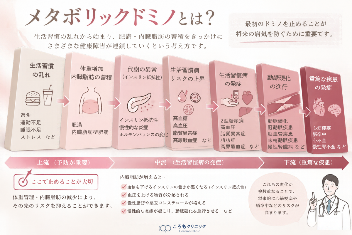 メタボリックドミノの図解｜肥満・内臓脂肪と生活習慣病の関係